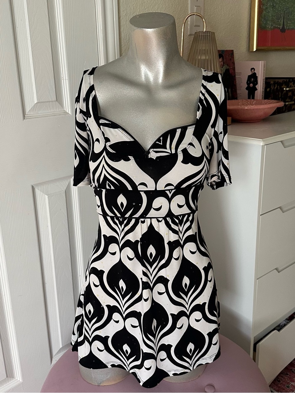 Charlotte Russe Y2K Black & White Whimsy Print Sequin Top